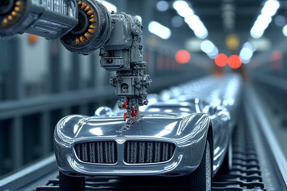 ロボットが製造ラインで光沢のある自動車部品を取り付けている様子。